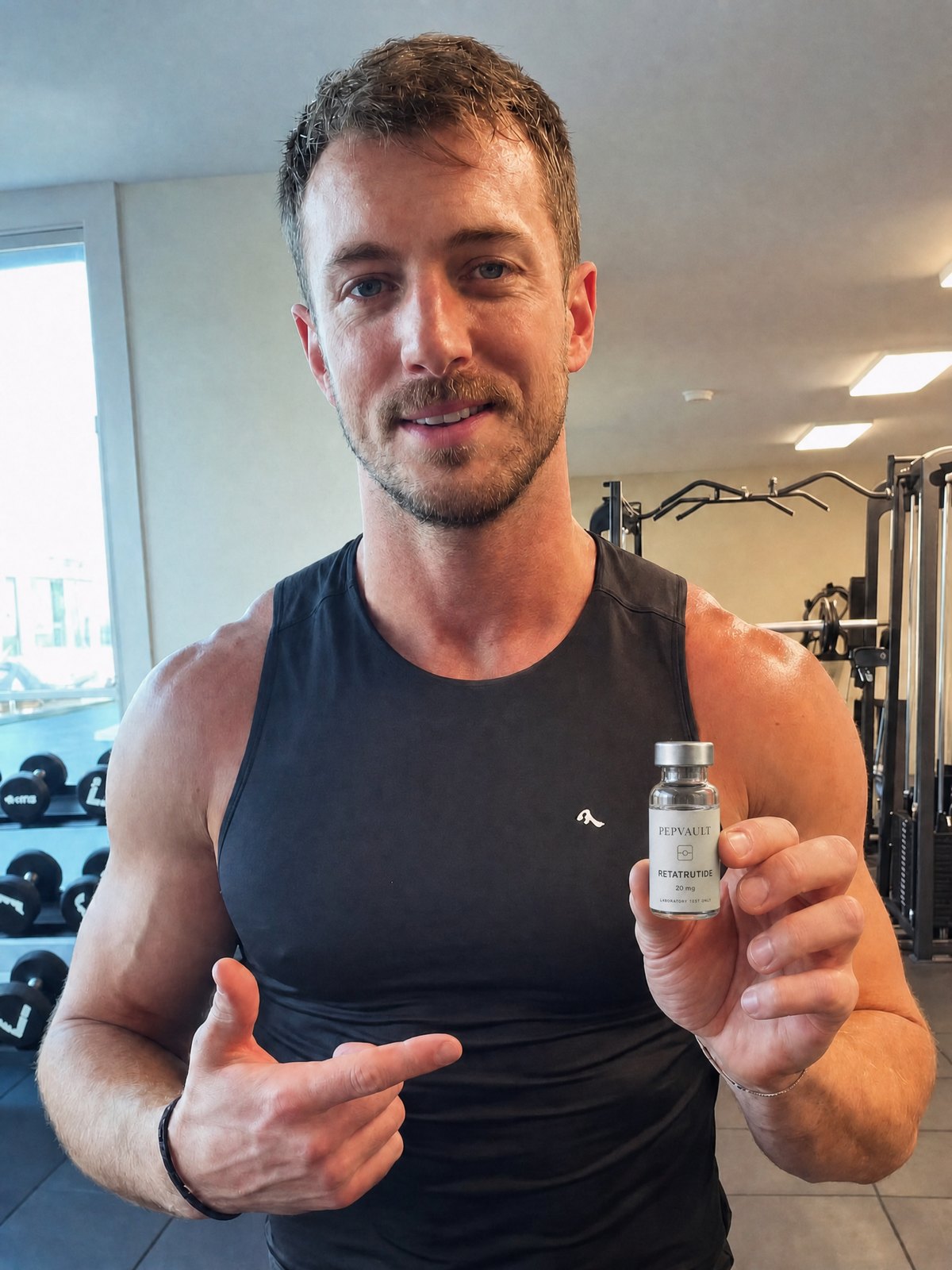 Pepvault-labelled vial displayed in a gym setting.